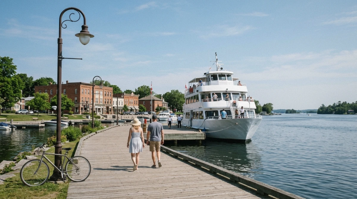 Gananoque waterfront with a sightseeing cruise boat docked below the town's Main Street, one of the top things to do in Gananoque, Ontario